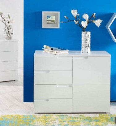 Santino Modern White High Gloss Narrow Sideboard with 4 Drawers & 1 Door - UK Luxury Furniture